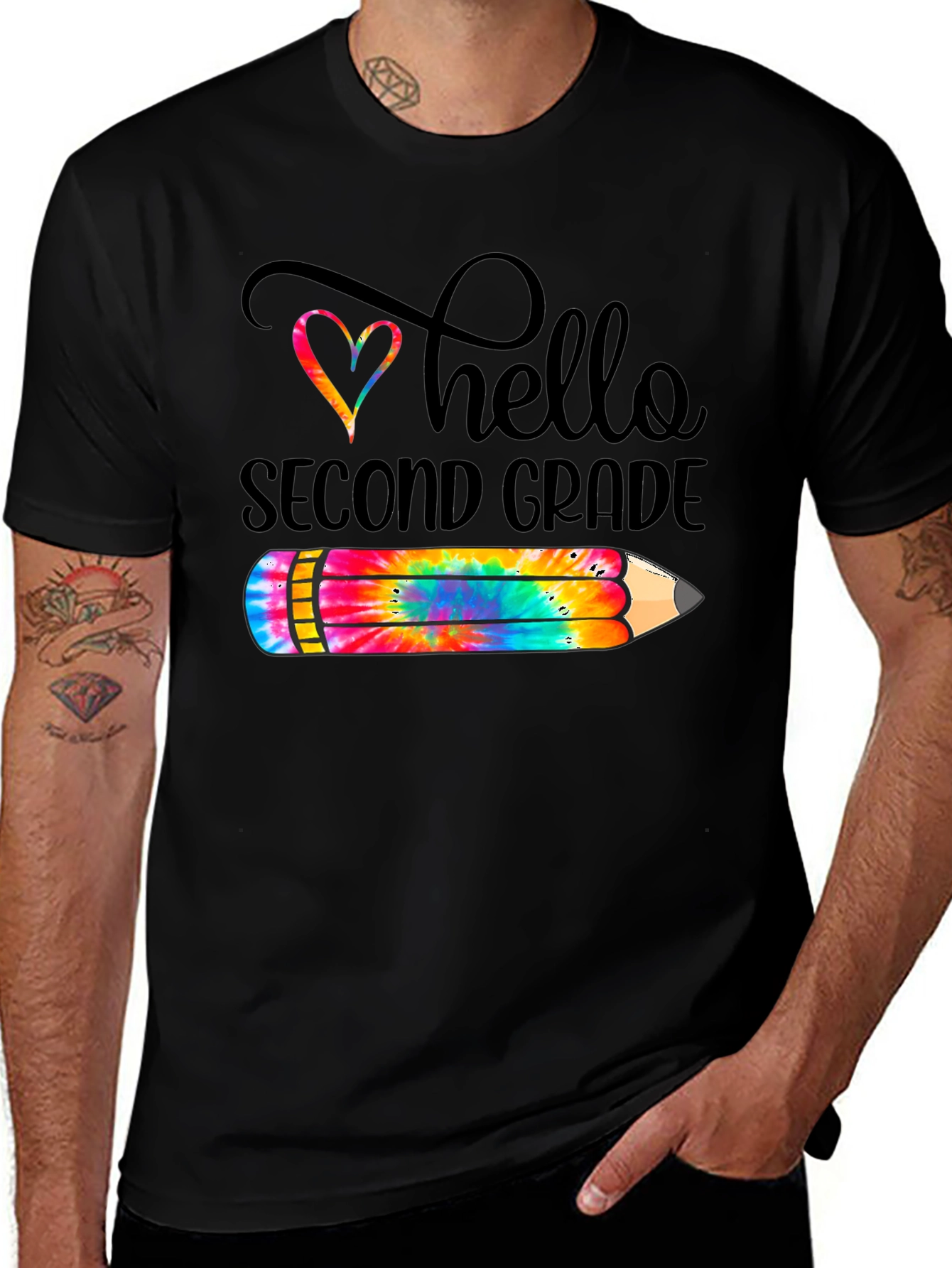 Hello Second Grade Teacher T-Shirt Colorful Pencil Design