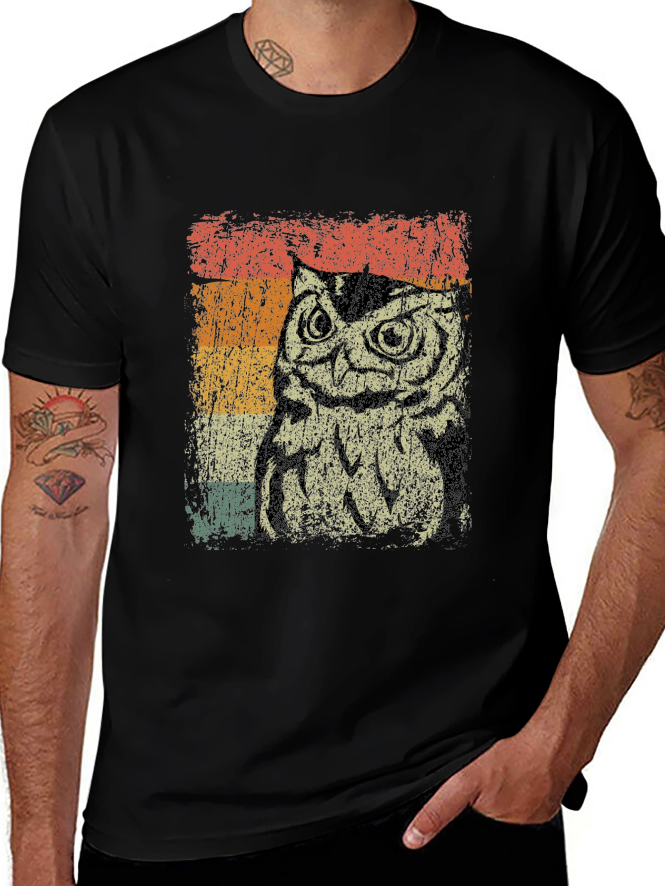 Vintage Owl Graphic Tee - Black Cotton Blend