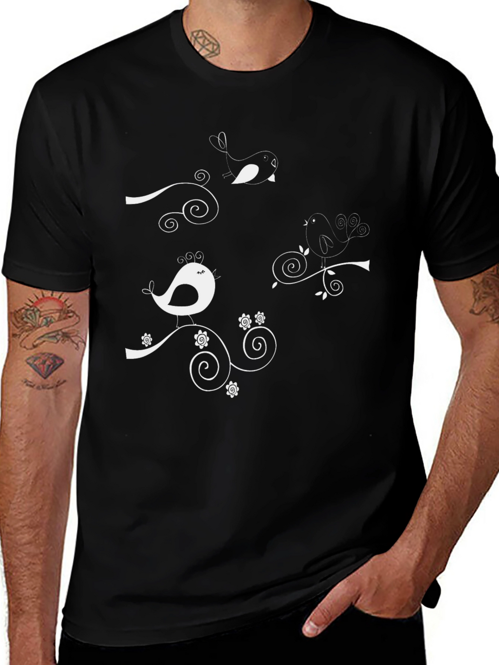 Whimsical Bird Tee - Black Cotton Graphic T-Shirt