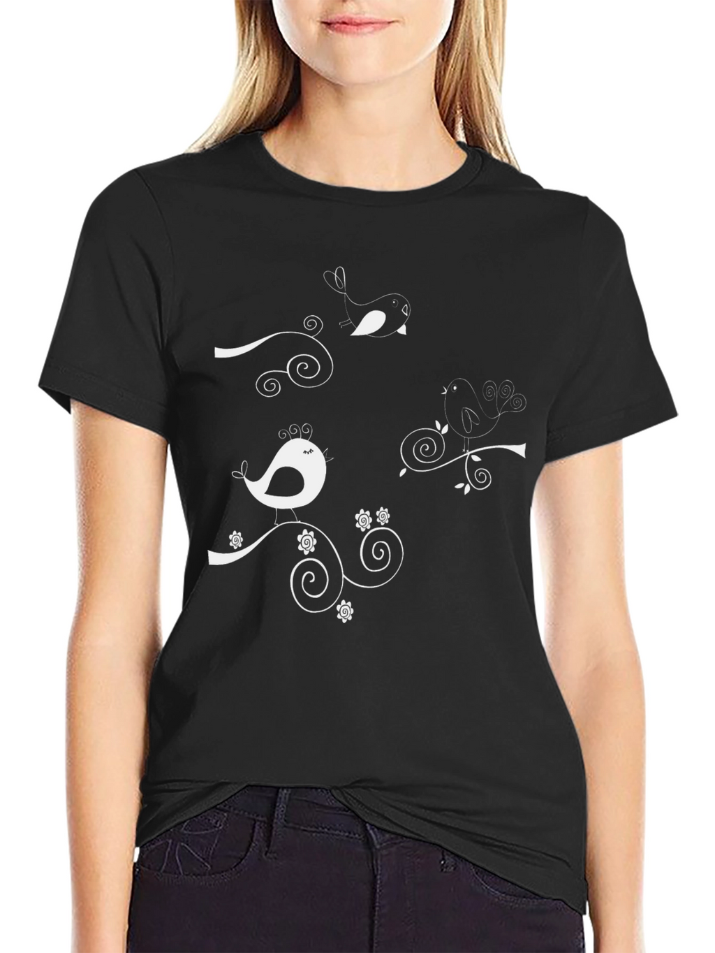 Whimsical Bird Tee - Black Cotton Graphic T-Shirt