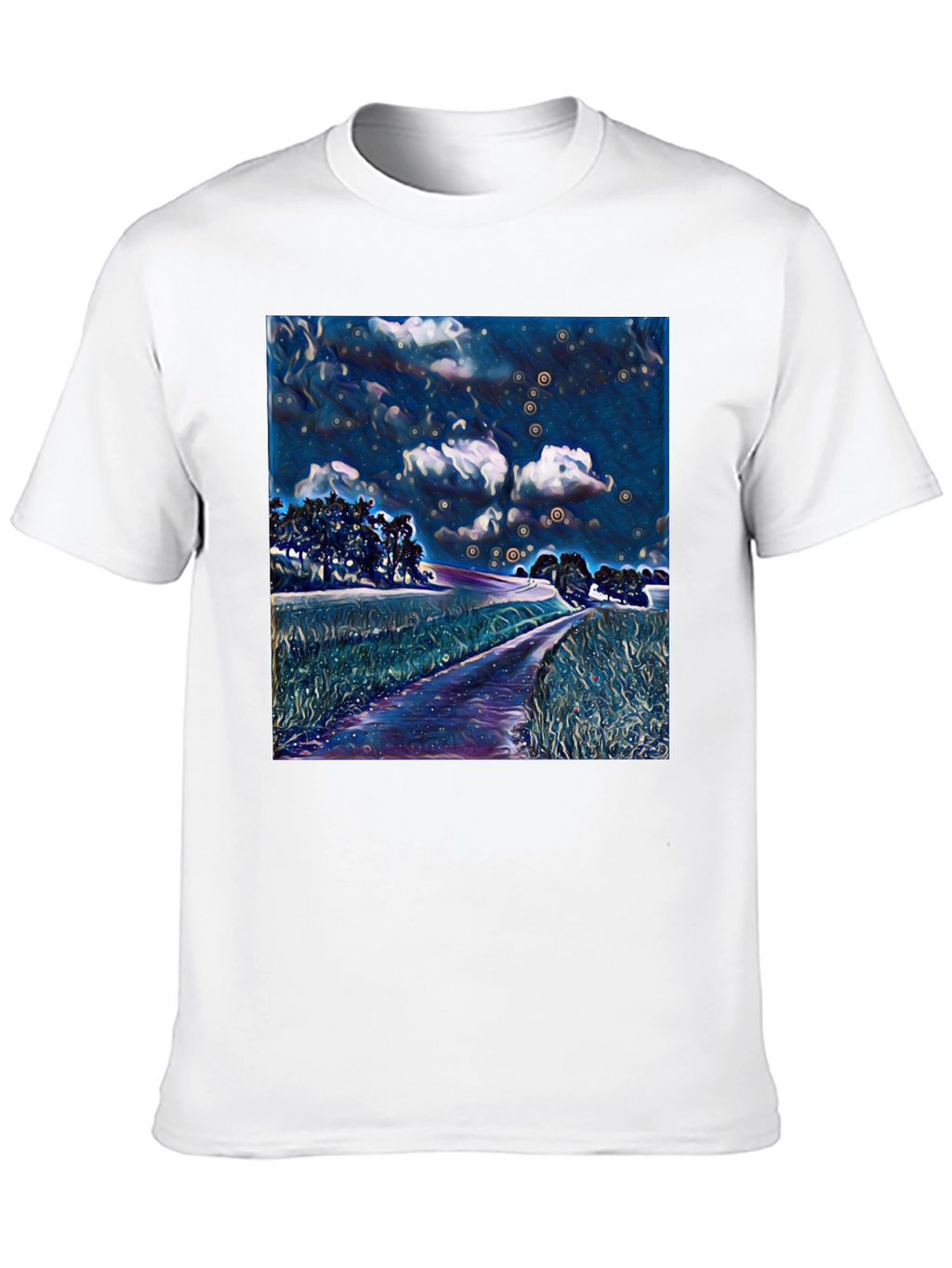 Starry Night Landscape Print Black T-Shirt