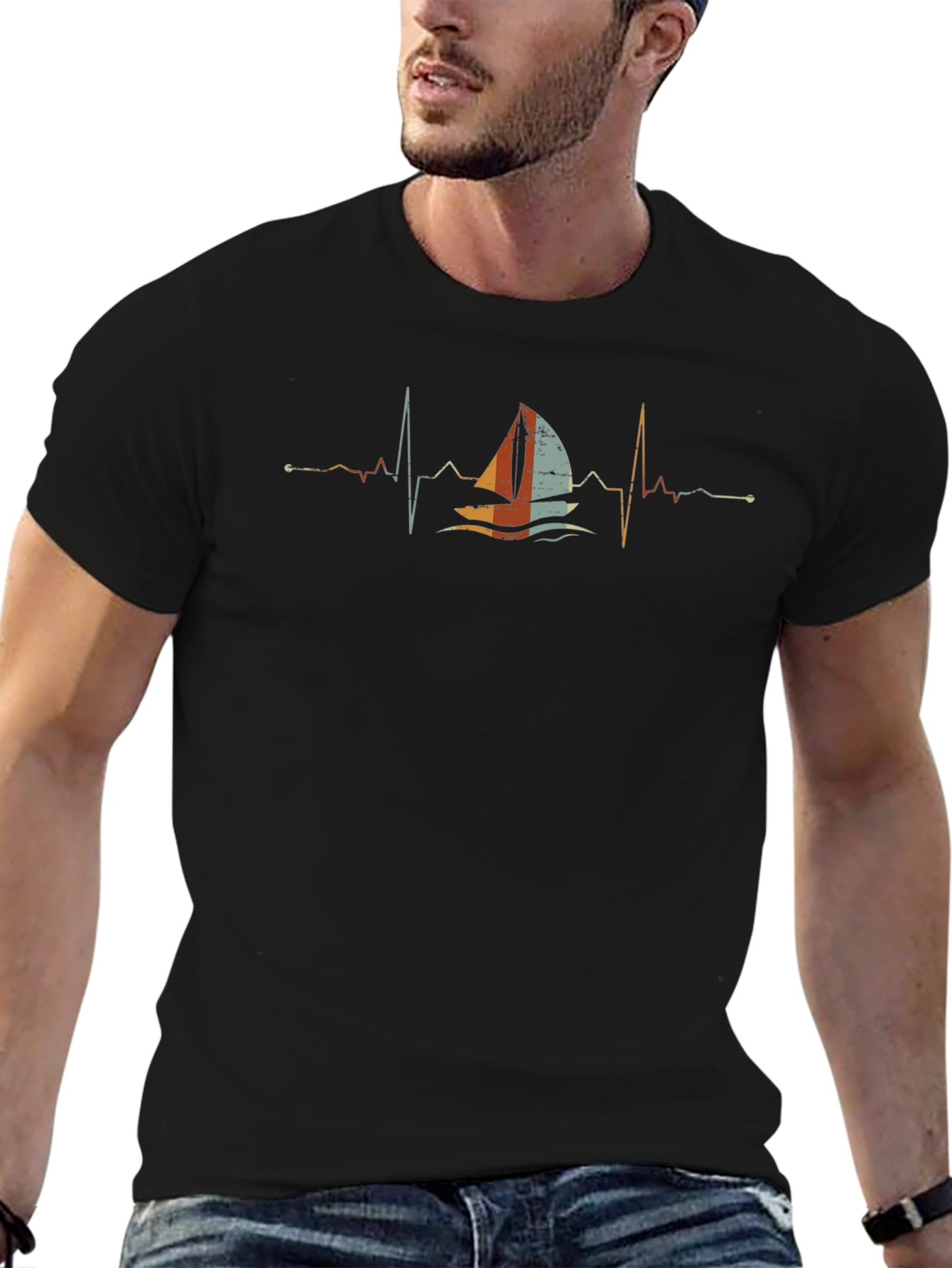 Sailboat Heartbeat T-Shirt - Black Crew Neck