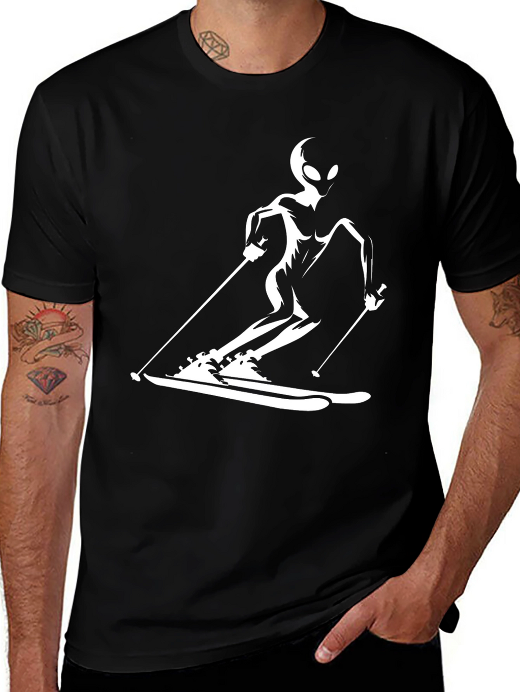 Skiing Alien Graphic Tee - Black Cotton Casual T-Shirt