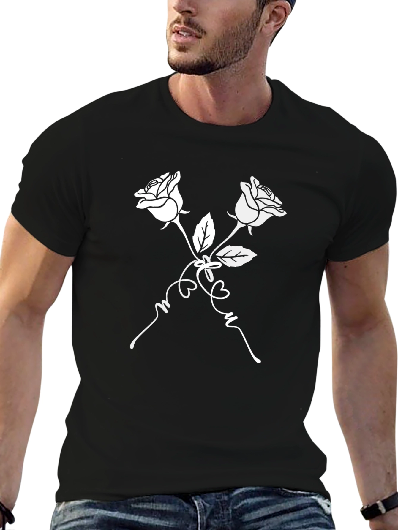Rose T-Shirt - Black with White Floral Design