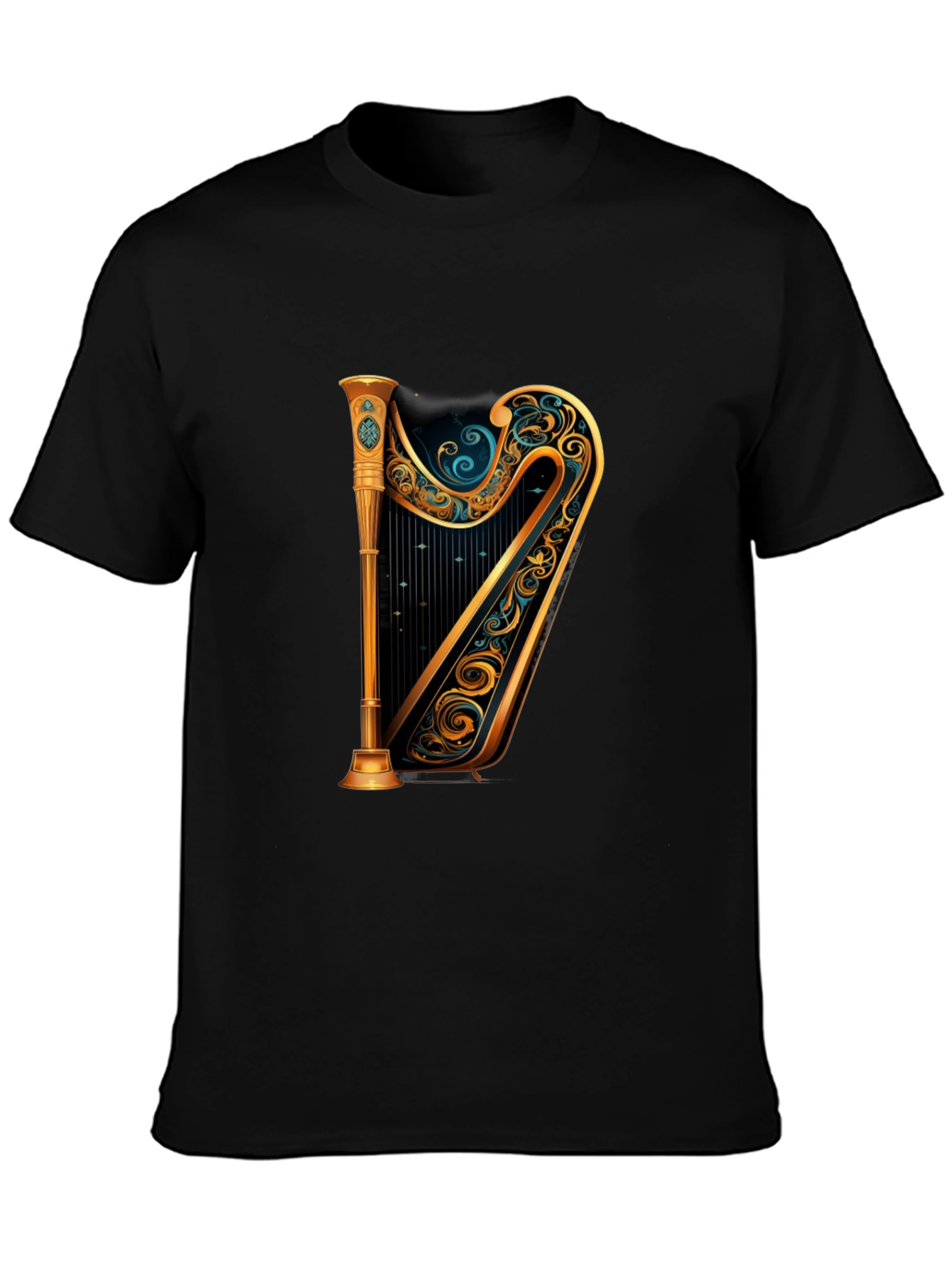 Elegant Golden Harp Graphic Black T-Shirt