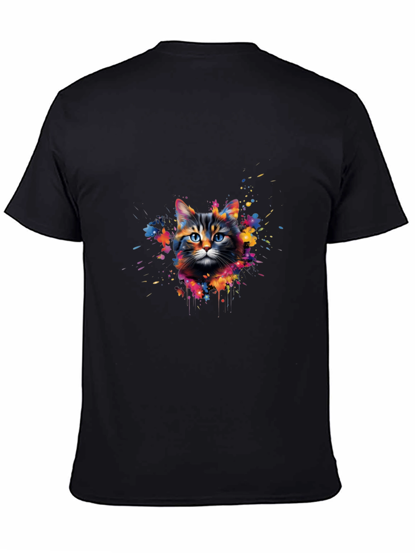 Colorful Cat Graphic Print Black T-Shirt