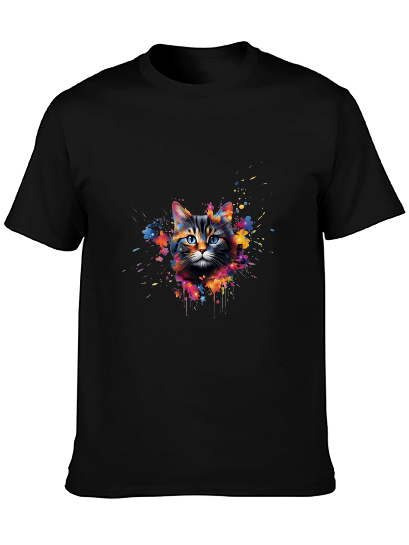 Colorful Cat Graphic Print Black T-Shirt