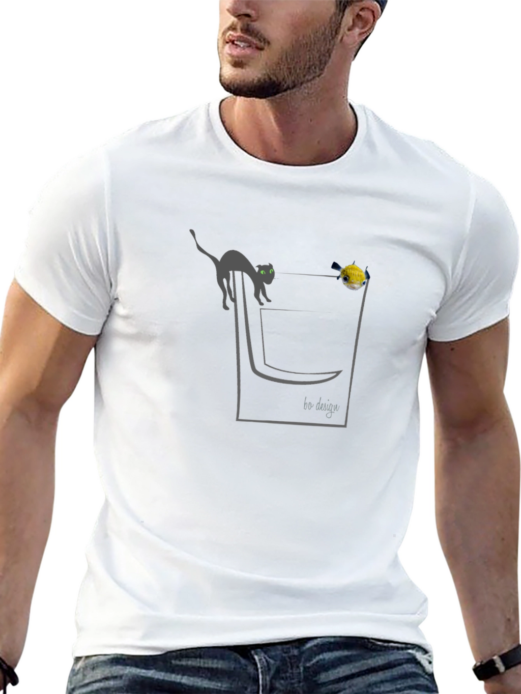 Cat & Fish Pocket Graphic T-Shirt - Black