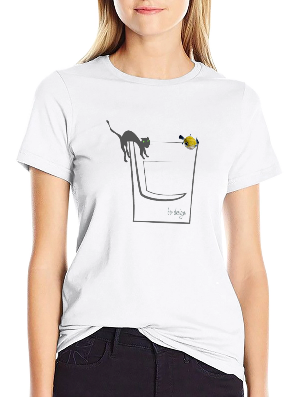 Cat & Fish Pocket Graphic T-Shirt - Black
