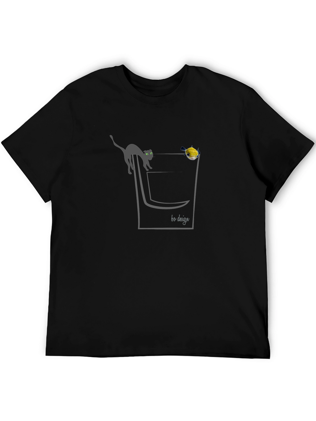 Cat & Fish Pocket Graphic T-Shirt - Black