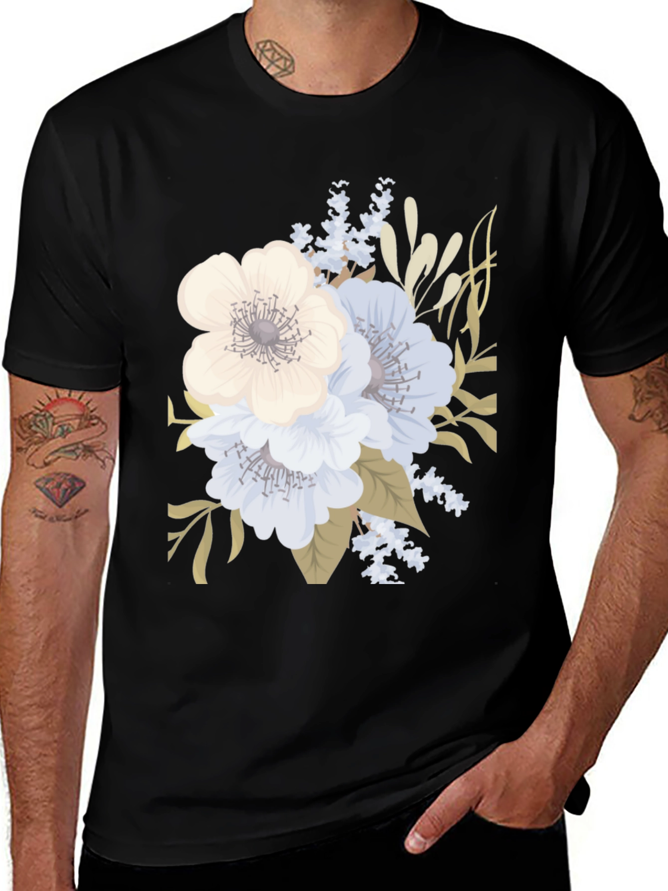 Floral Print Black T-Shirt for Men