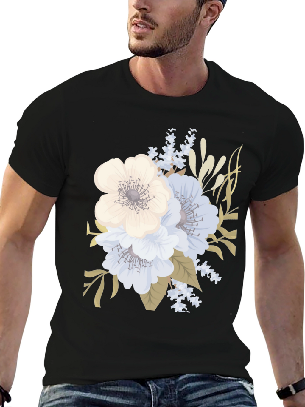 Floral Print Black T-Shirt for Men