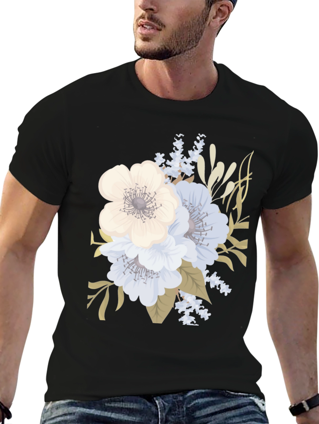 Floral Print Black T-Shirt for Men