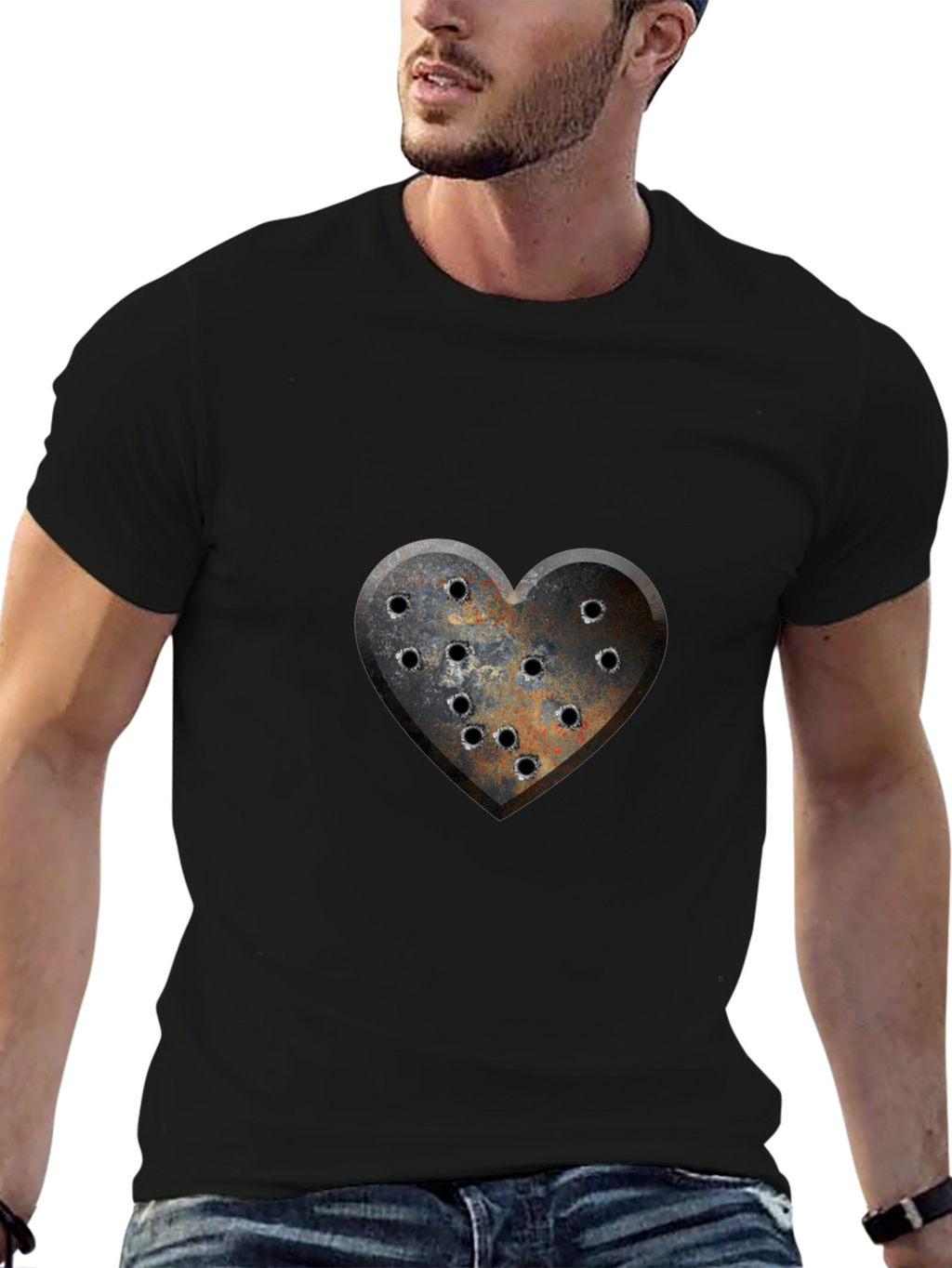 Distressed Heart Bullet Hole Graphic T-Shirt