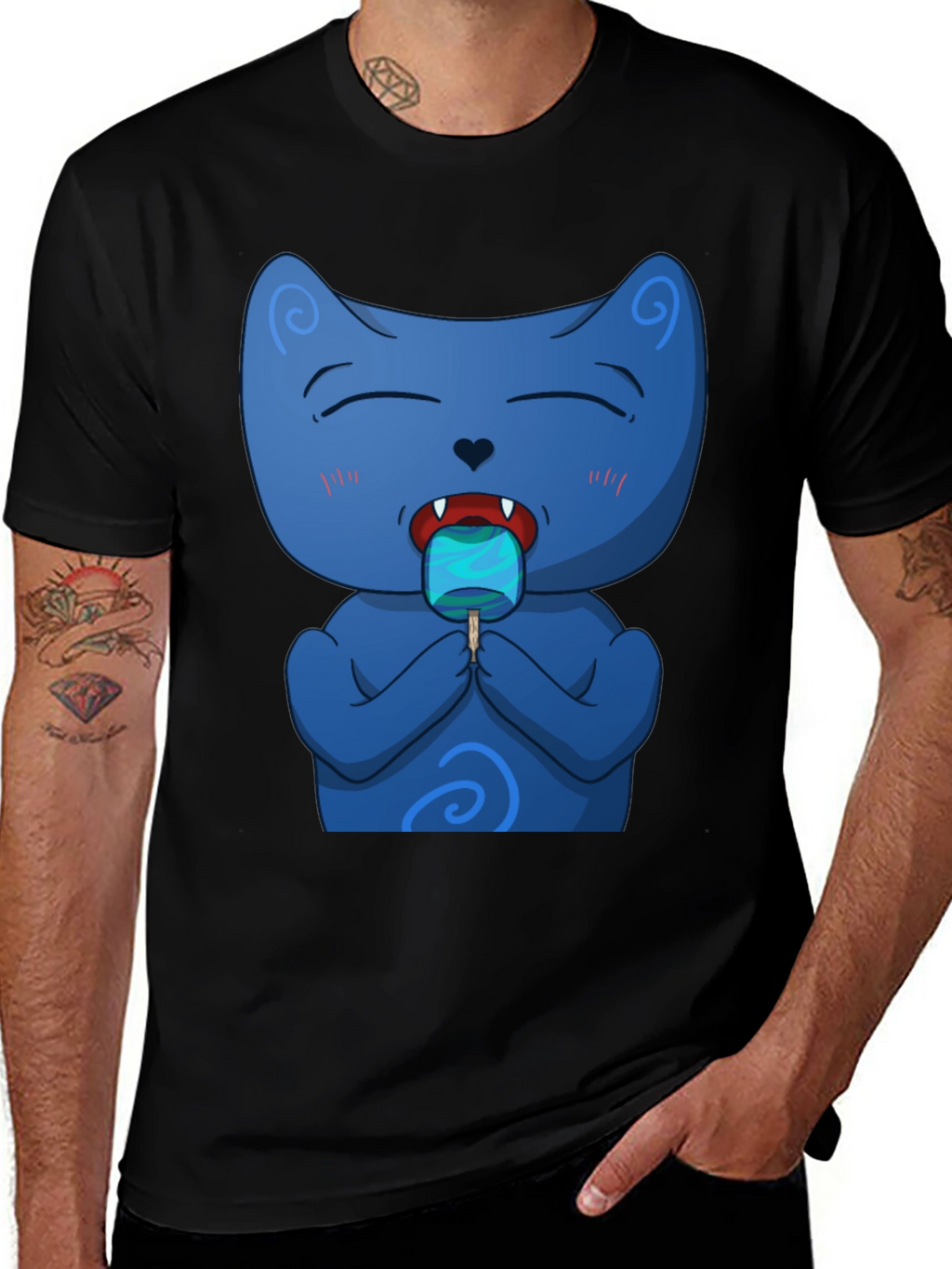 Cool Cat Licking Popsicle Black T-Shirt