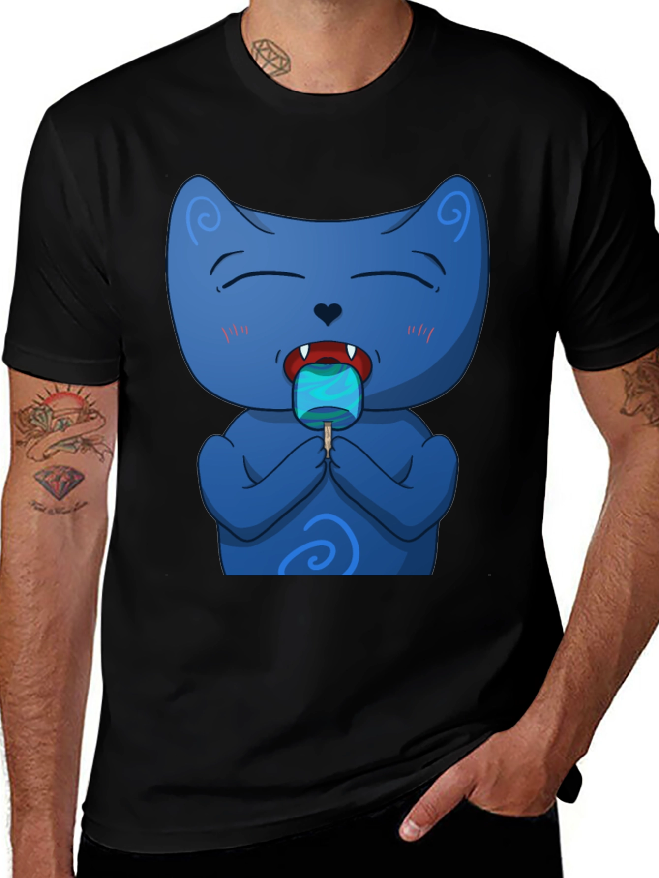 Cool Cat Licking Popsicle Black T-Shirt