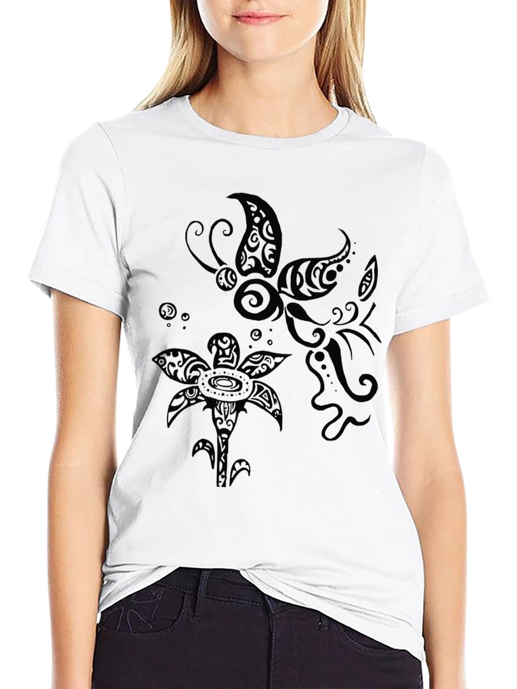 Tribal Butterfly and Flower Print Black T-Shirt
