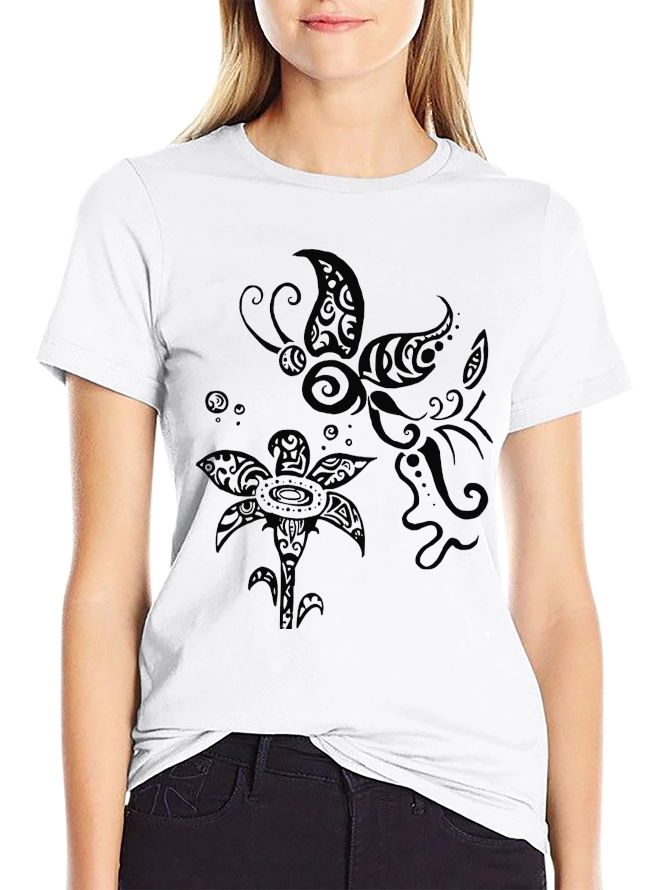 Tribal Butterfly and Flower Print Black T-Shirt
