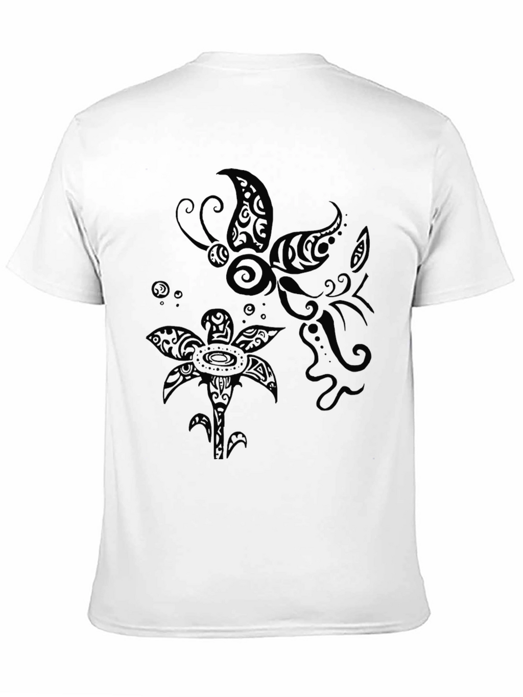 Tribal Butterfly and Flower Print Black T-Shirt