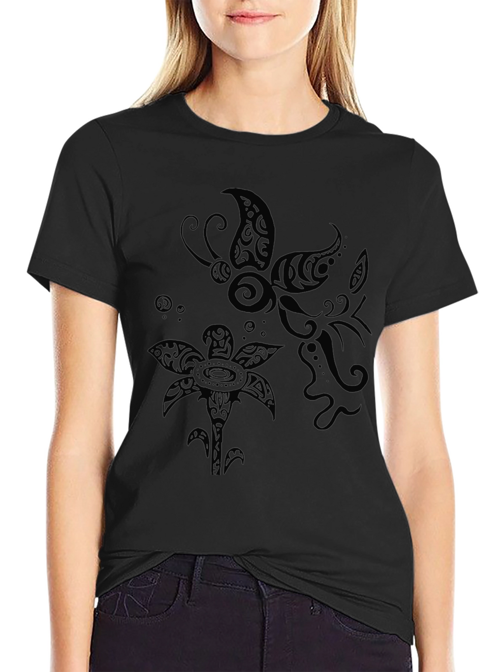 Tribal Butterfly and Flower Print Black T-Shirt