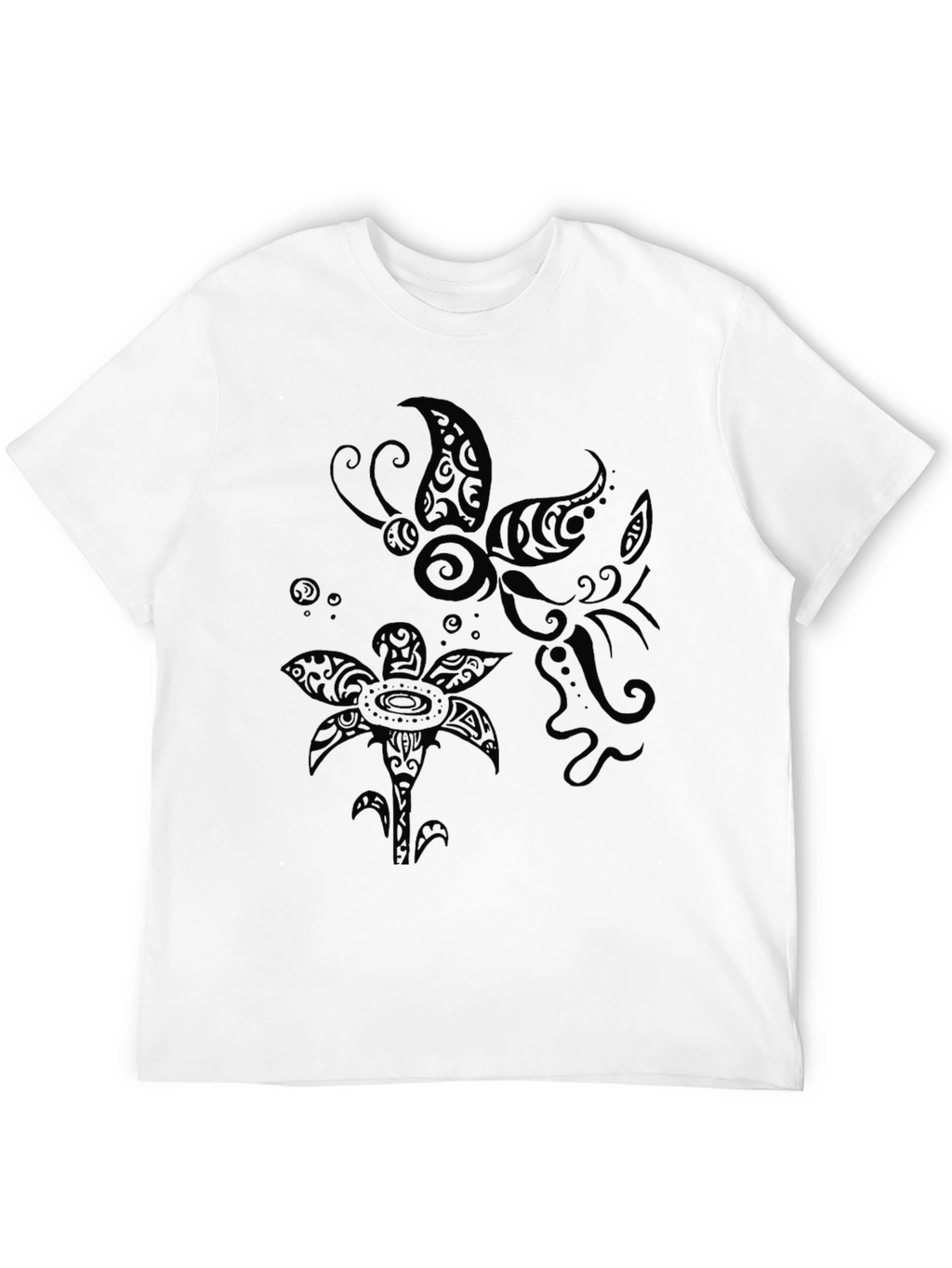 Tribal Butterfly and Flower Print Black T-Shirt