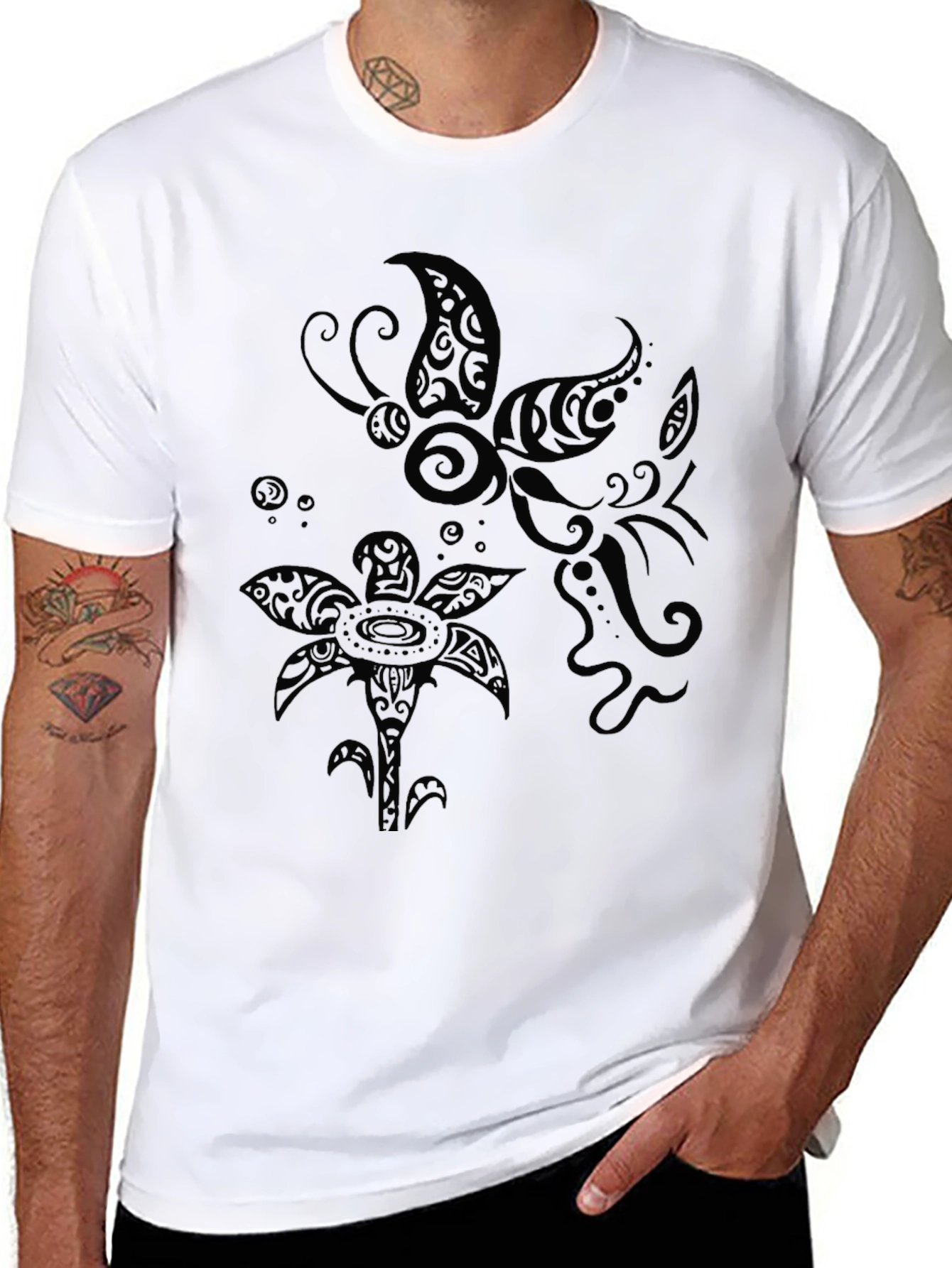 Tribal Butterfly and Flower Print Black T-Shirt