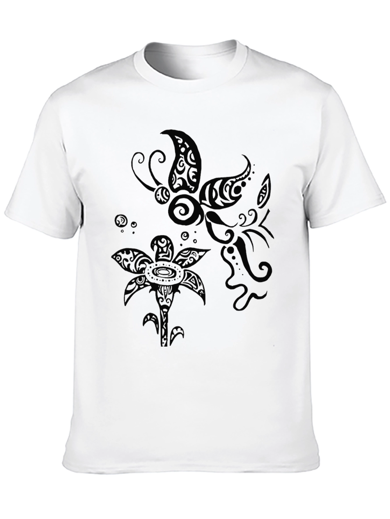Tribal Butterfly and Flower Print Black T-Shirt