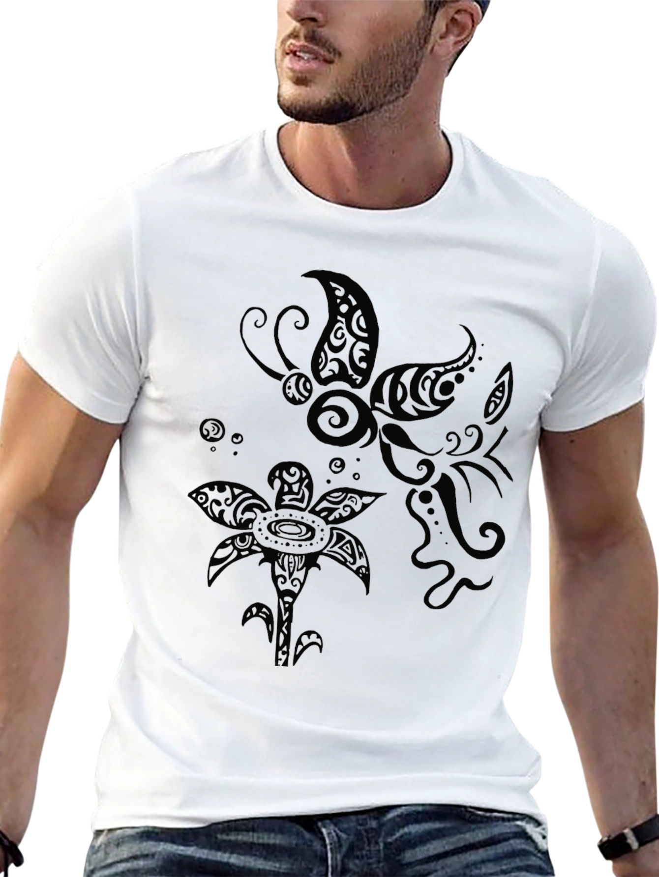 Tribal Butterfly and Flower Print Black T-Shirt