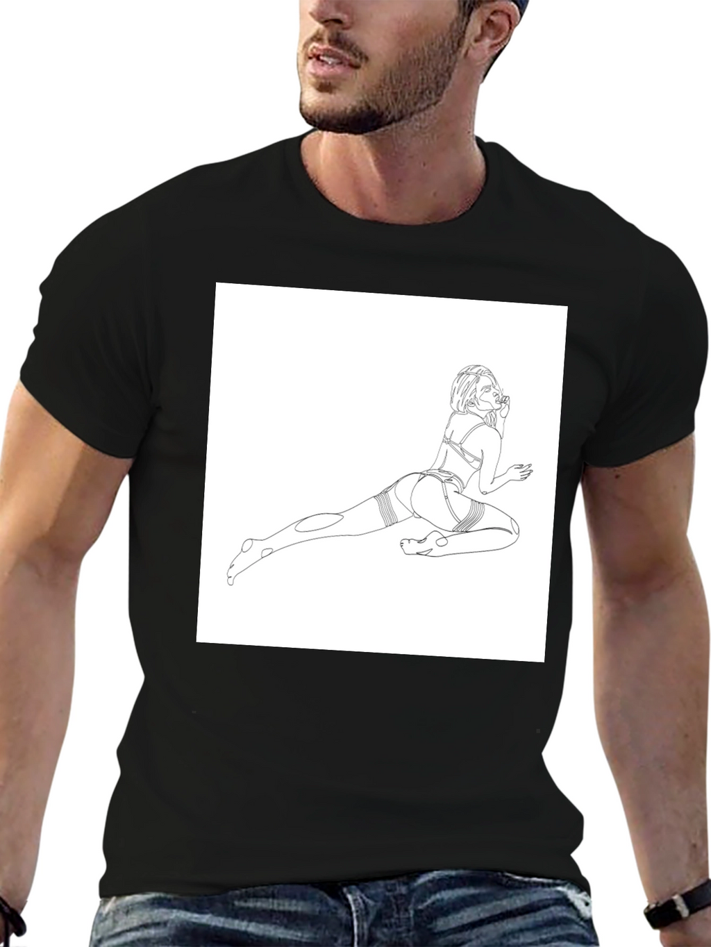 Line Art Graphic Tee - Black Cotton Casual T-Shirt