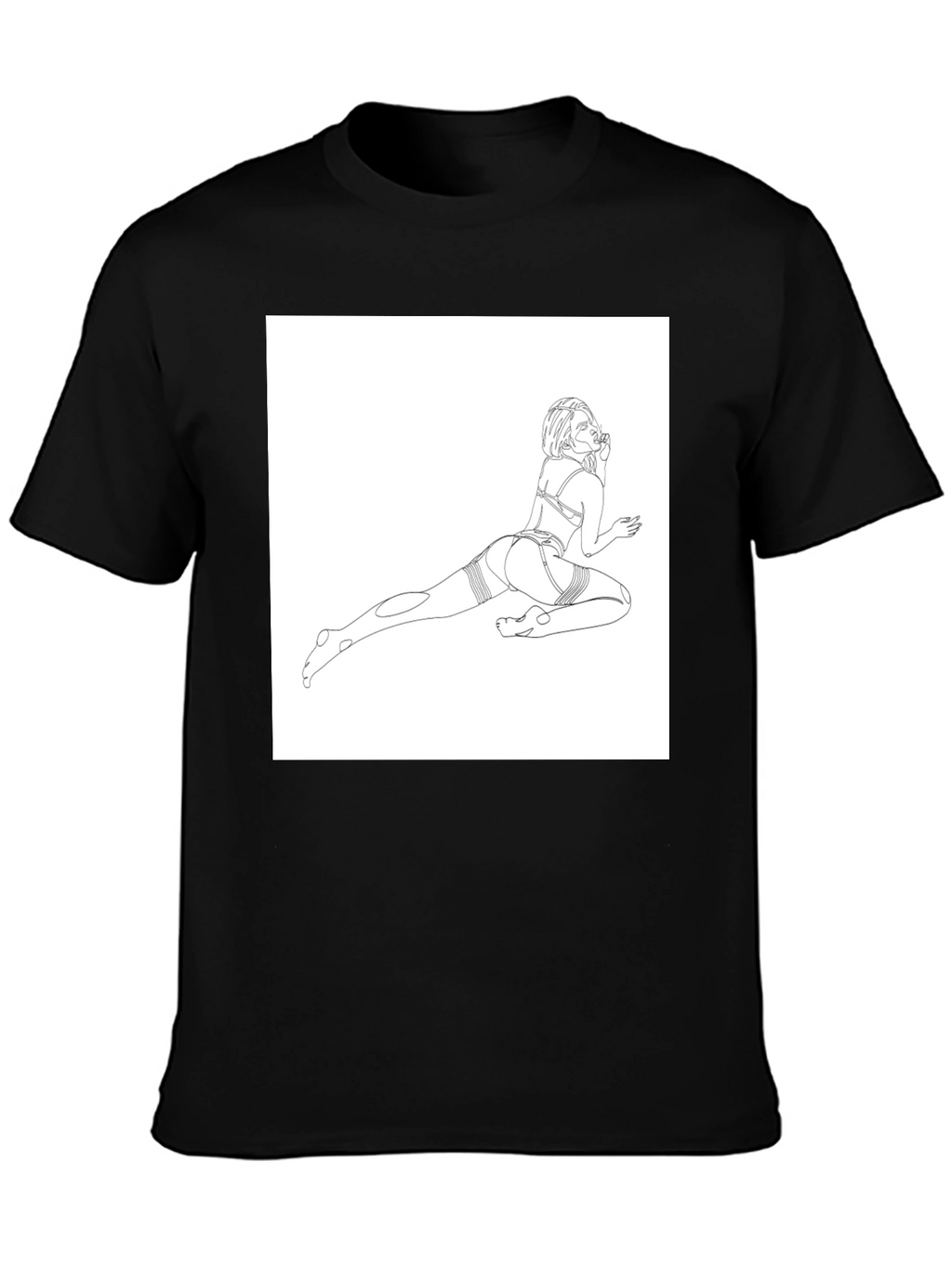 Line Art Graphic Tee - Black Cotton Casual T-Shirt