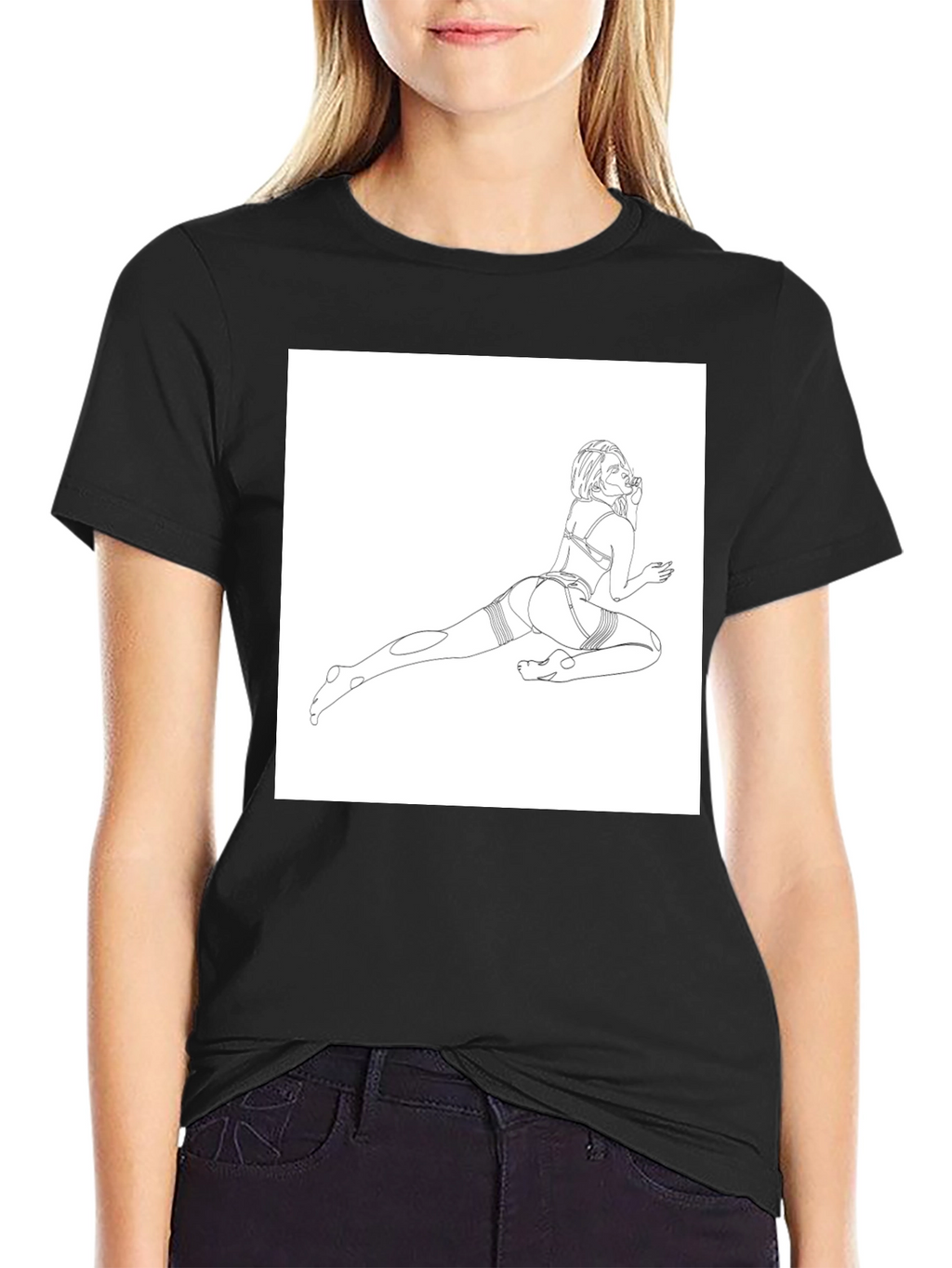 Line Art Graphic Tee - Black Cotton Casual T-Shirt