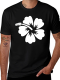 Hibiscus Flower Graphic Tee - Black Cotton T-Shirt