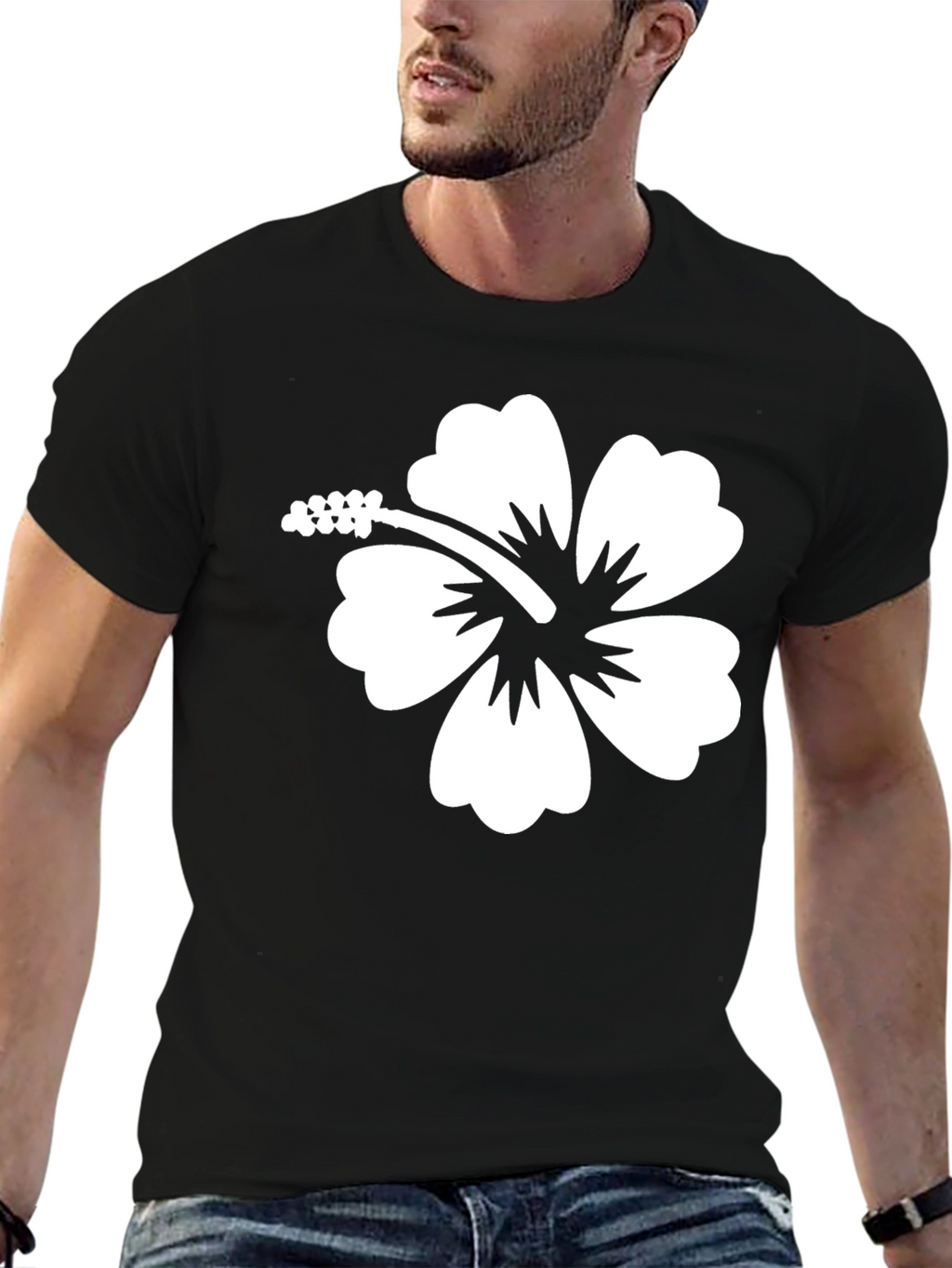 Hibiscus Flower Graphic Tee - Black Cotton T-Shirt
