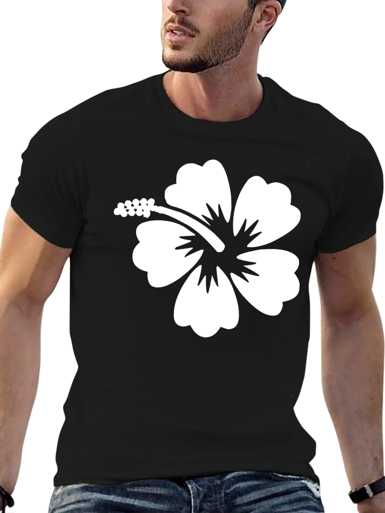 Hibiscus Flower Graphic Tee - Black Cotton T-Shirt