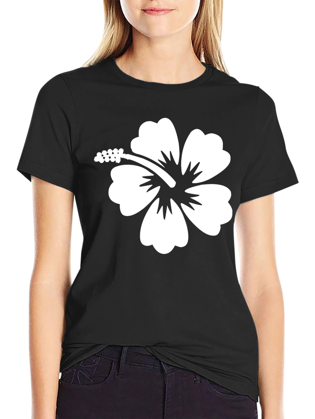 Hibiscus Flower Graphic Tee - Black Cotton T-Shirt