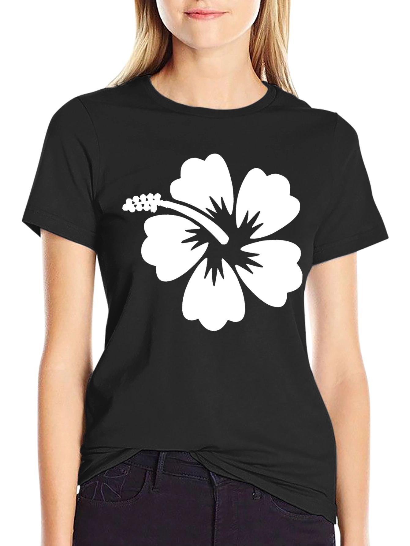 Hibiscus Flower Graphic Tee - Black Cotton T-Shirt