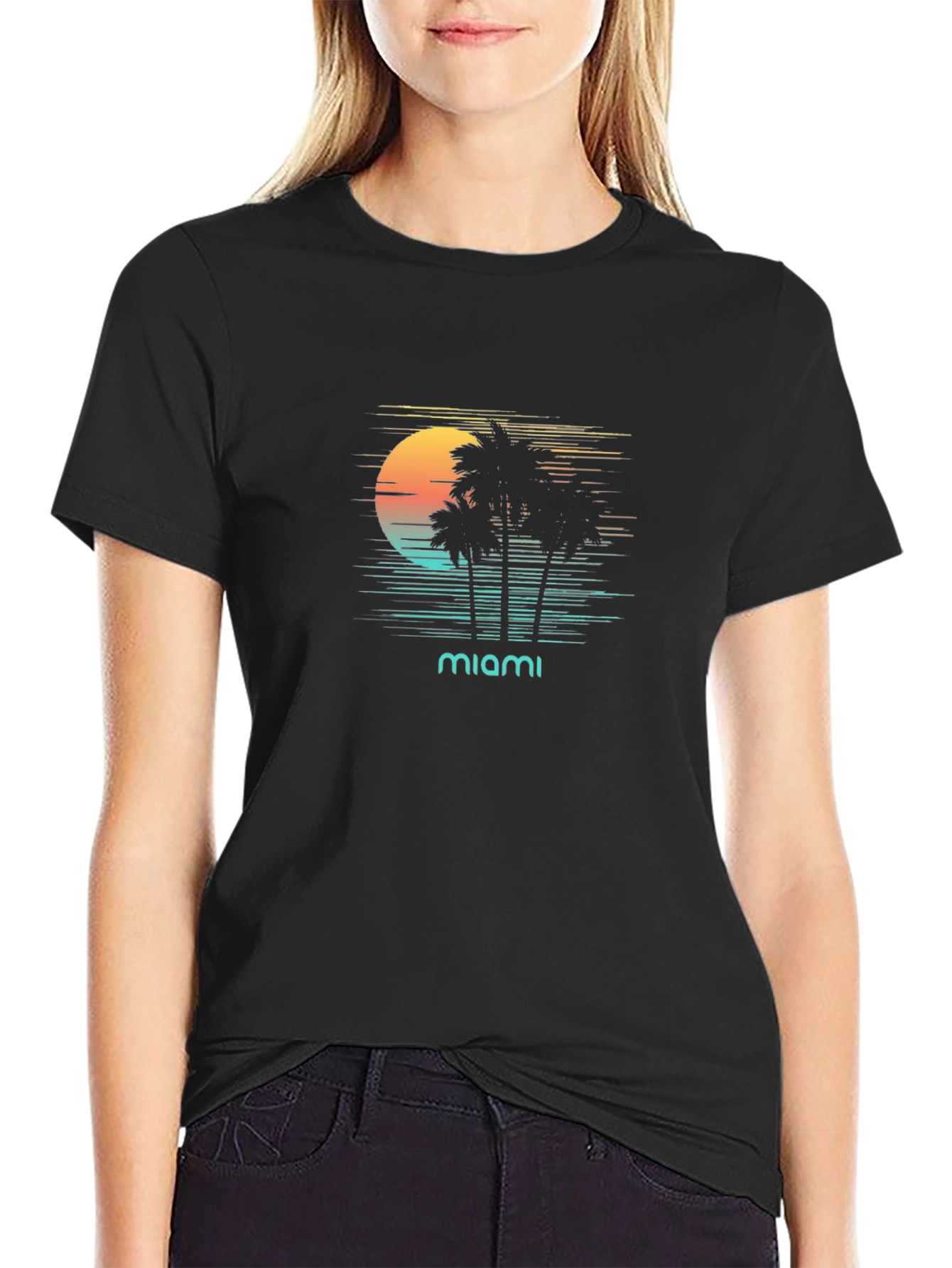 Miami Sunset Graphic T-Shirt - Retro Palm Tree Design