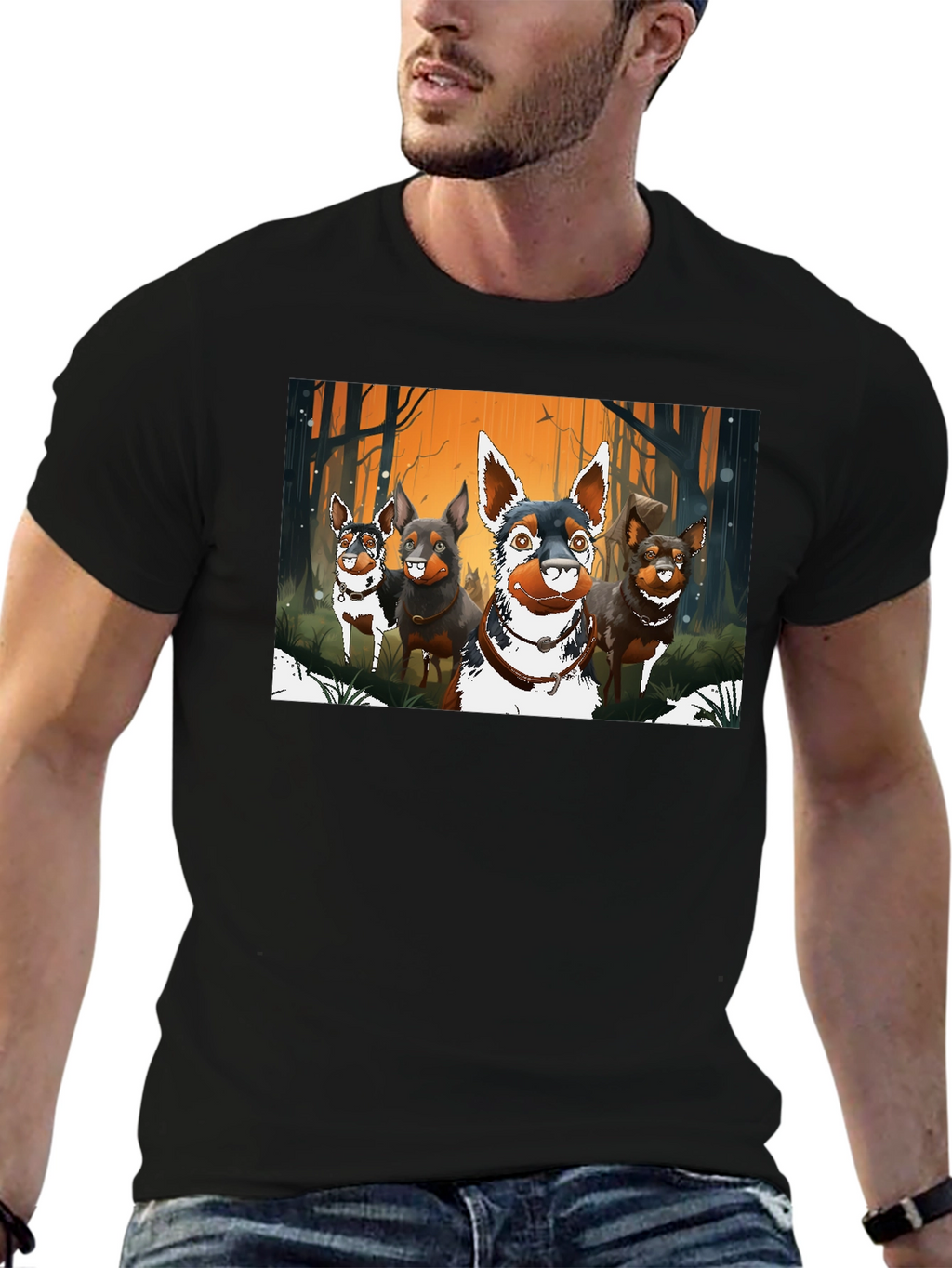 Cartoon Dog Pack Black T-Shirt