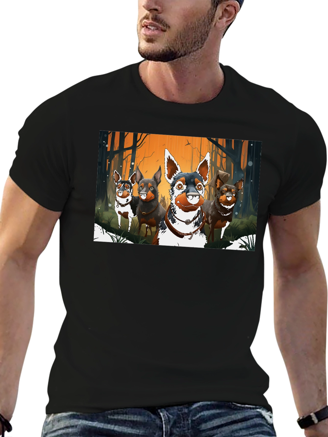 Cartoon Dog Pack Black T-Shirt