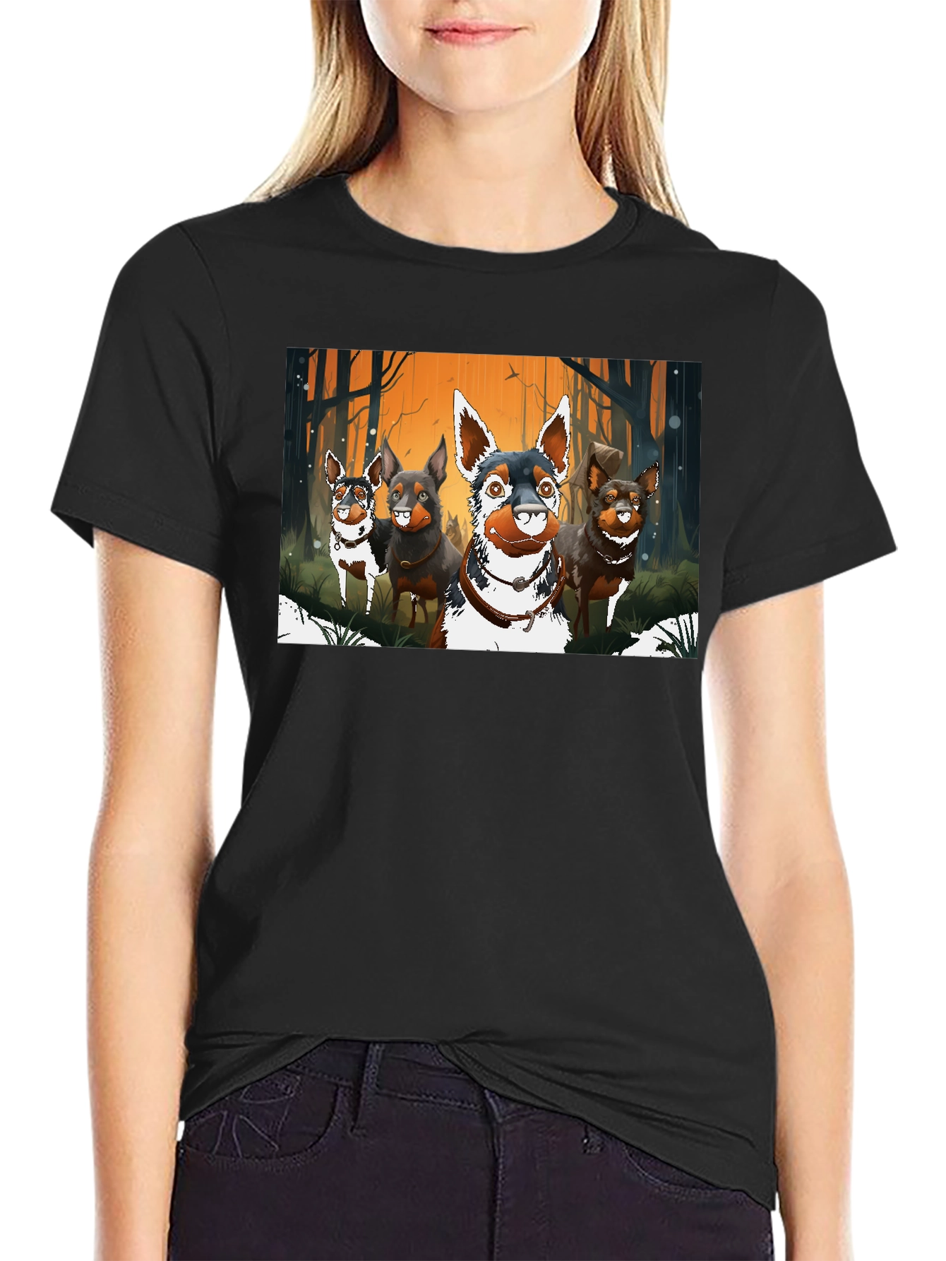 Cartoon Dog Pack Black T-Shirt