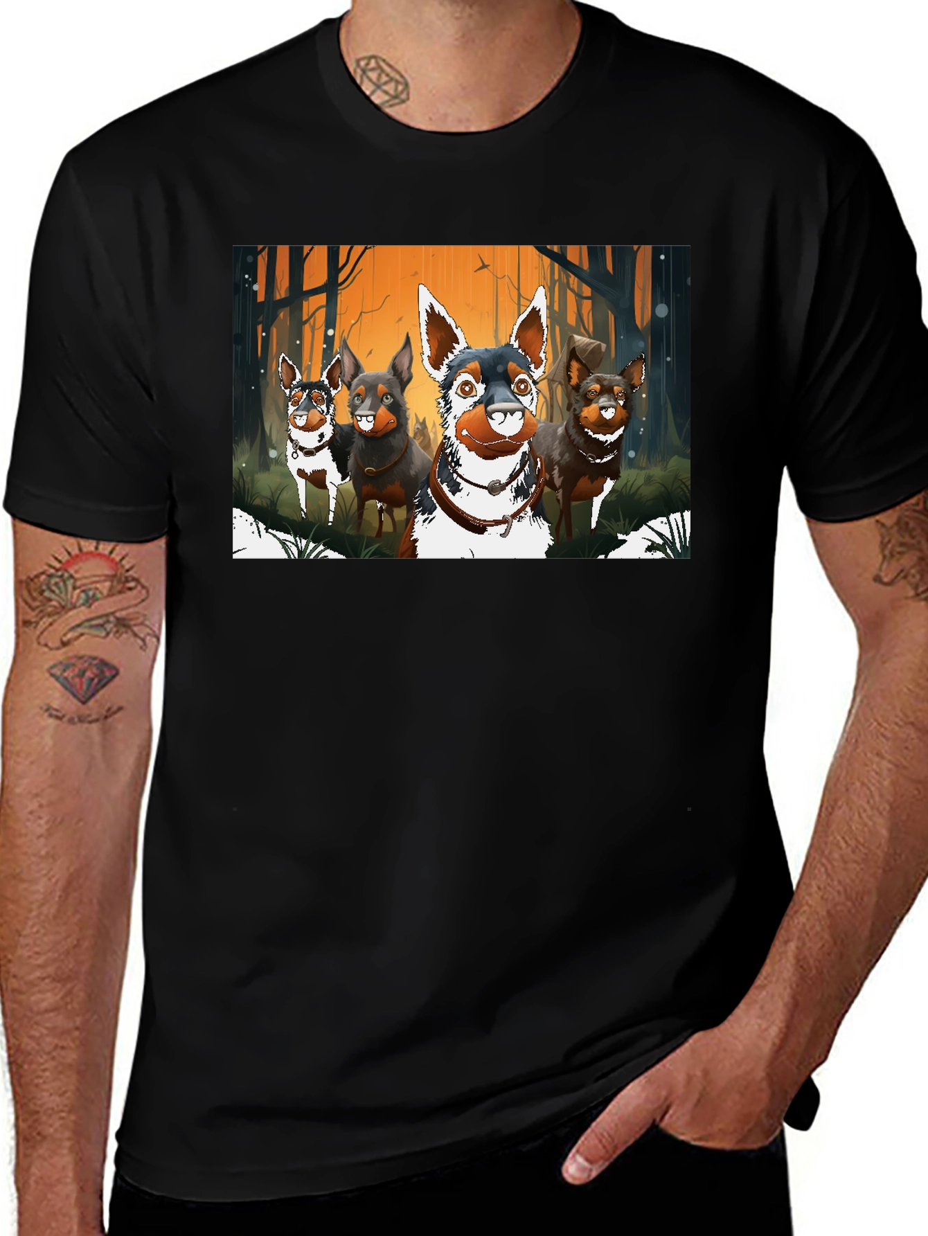 Cartoon Dog Pack Black T-Shirt