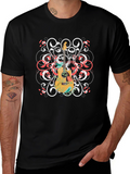 Guitar Floral Graphic Tee - Black Cotton Shirt