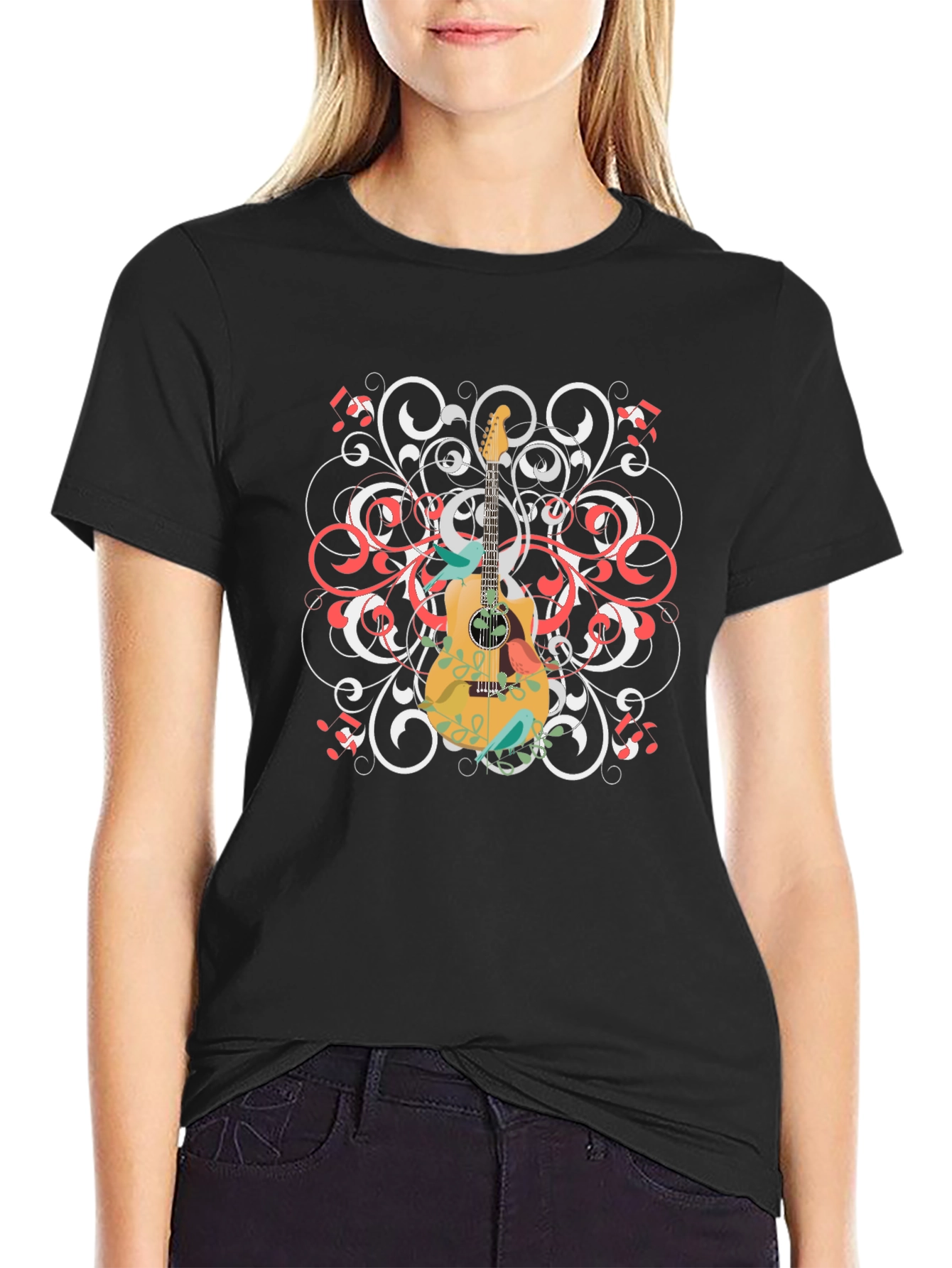 Guitar Floral Graphic Tee - Black Cotton Shirt
