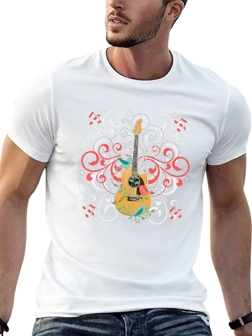 Guitar Floral Graphic Tee - Black Cotton Shirt