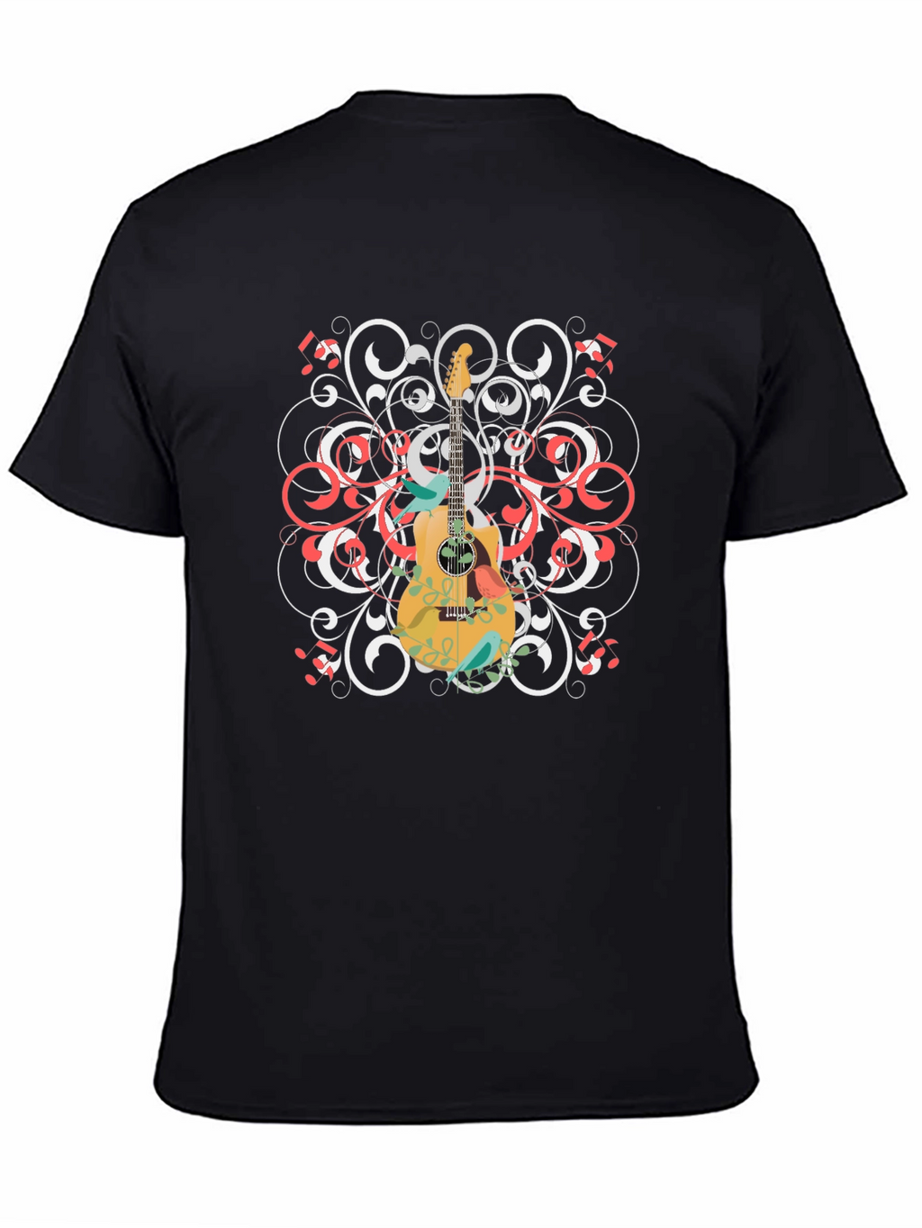 Guitar Floral Graphic Tee - Black Cotton Shirt