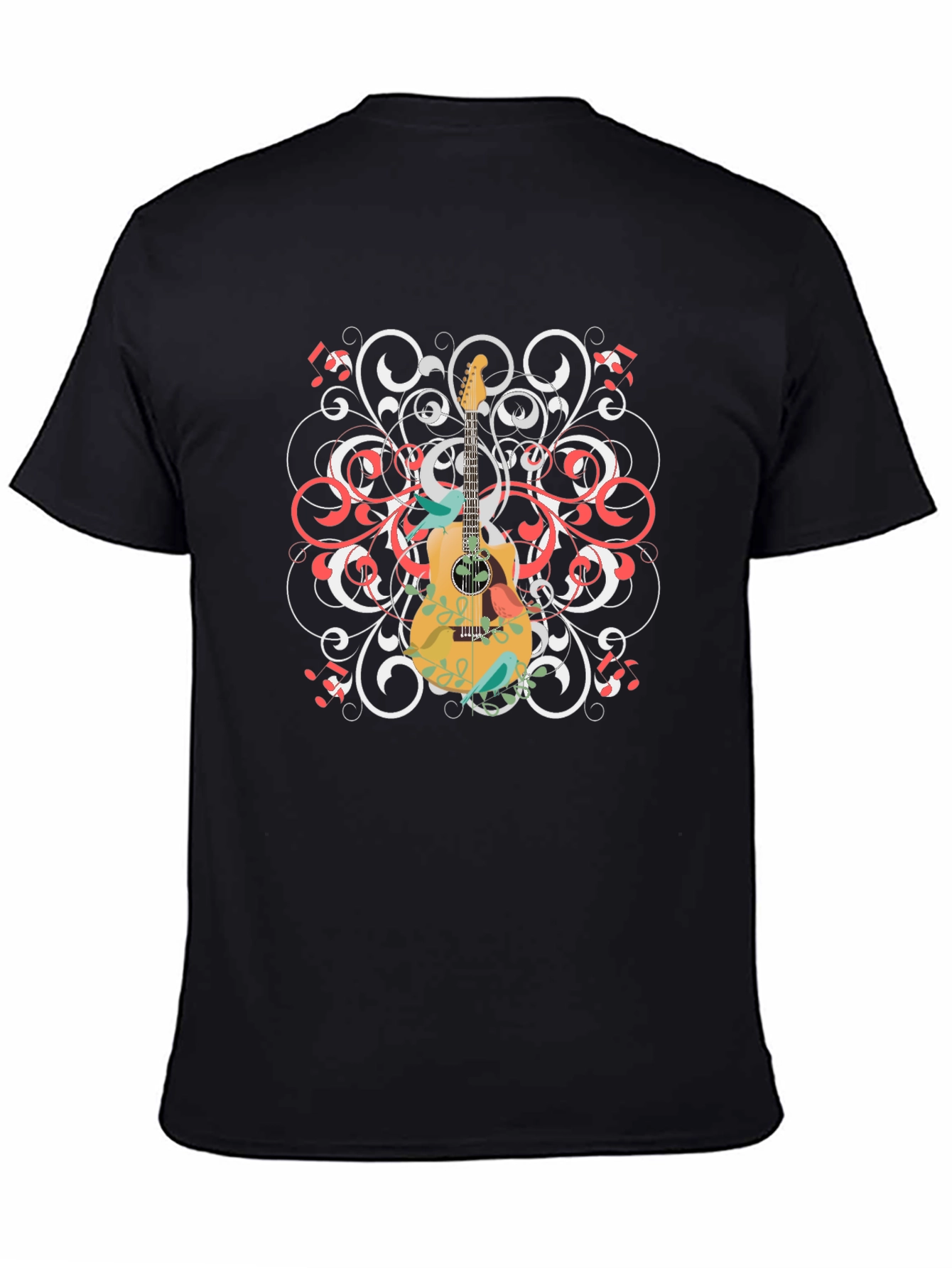 Guitar Floral Graphic Tee - Black Cotton Shirt