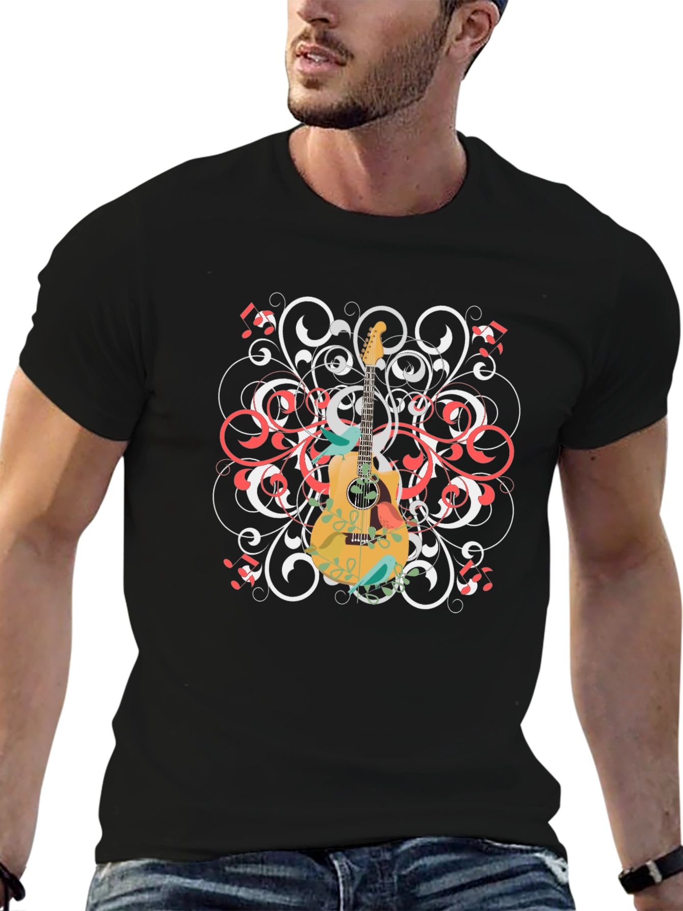 Guitar Floral Graphic Tee - Black Cotton Shirt