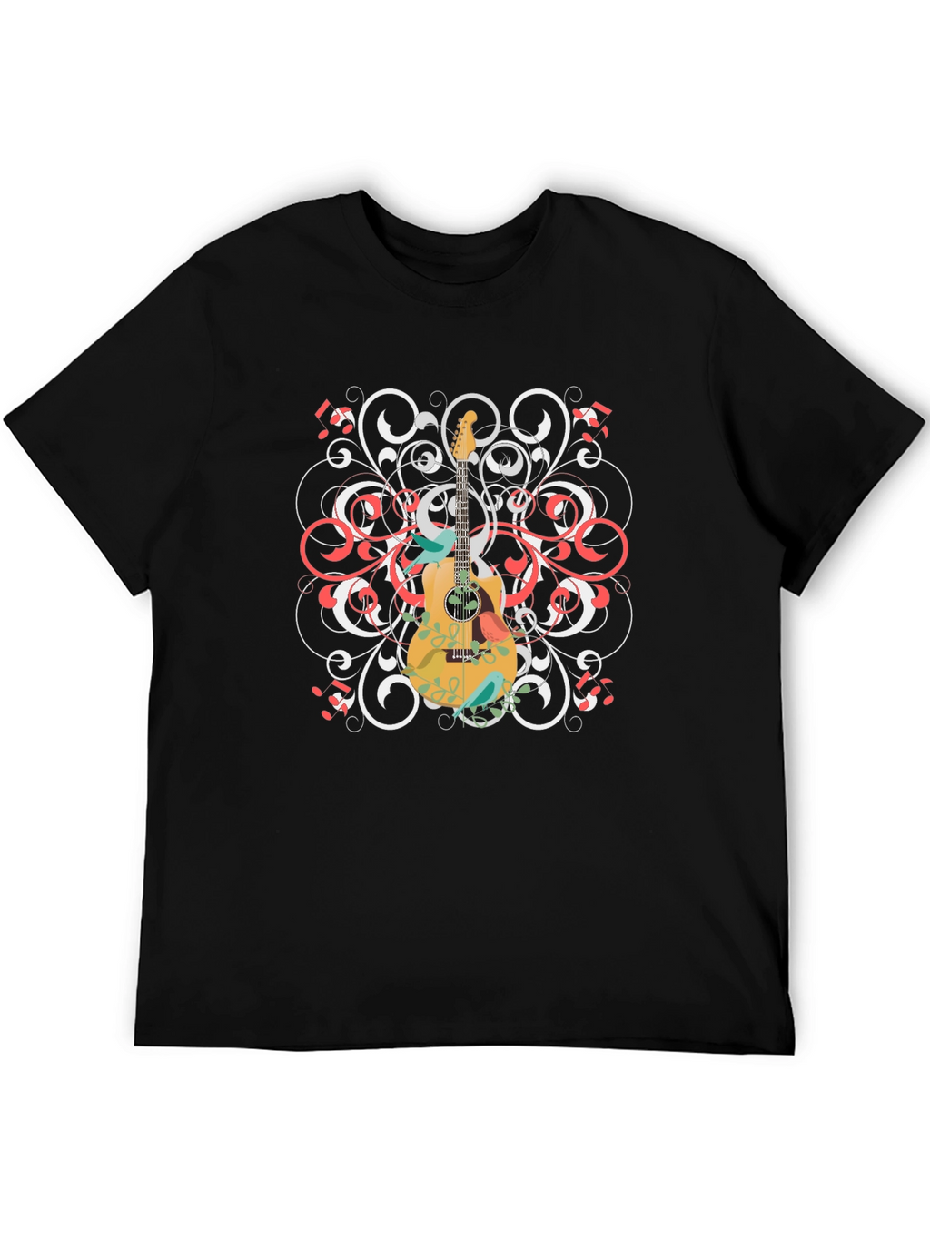 Guitar Floral Graphic Tee - Black Cotton Shirt