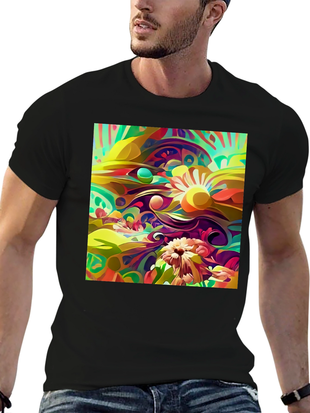 Abstract Floral Print Black T-Shirt