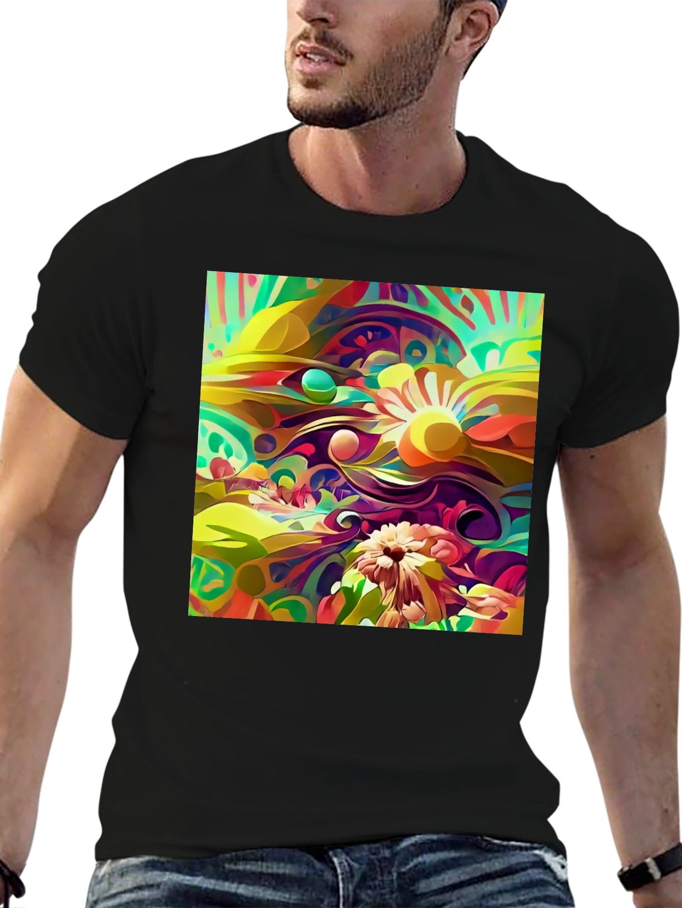 Abstract Floral Print Black T-Shirt
